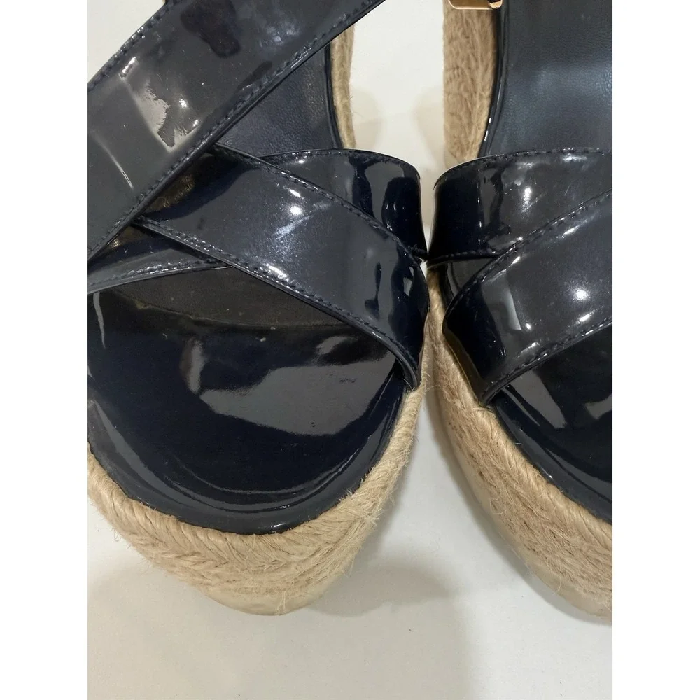 Yves Saint Laurent Espadrille Wedge Sandals Shoes Dark Blue Leather Size 37.5‎